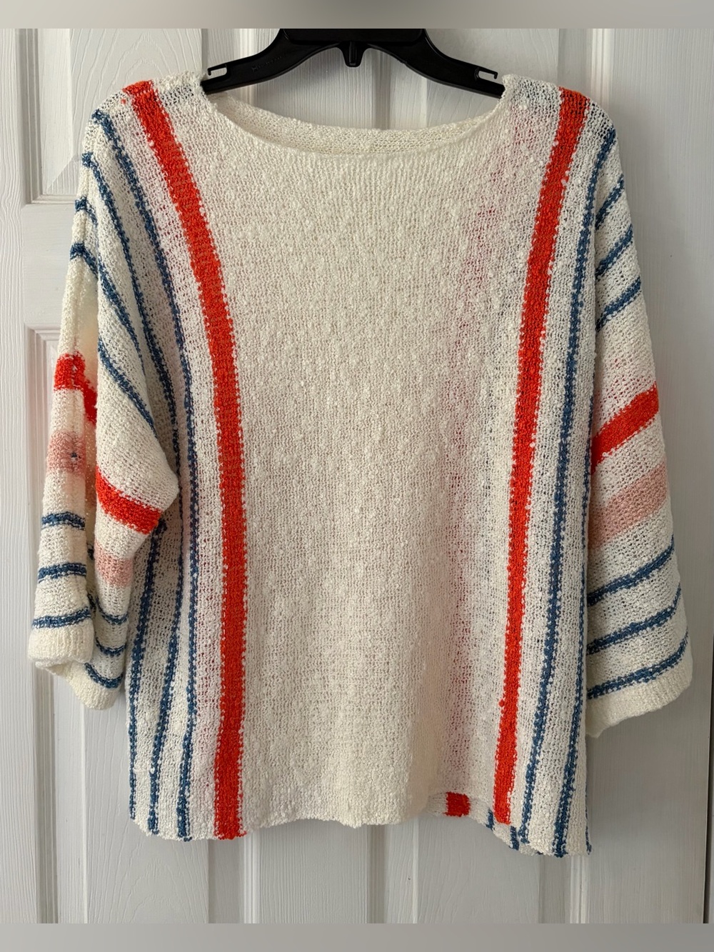 White Knit Sweater with Red and Blue Stripes